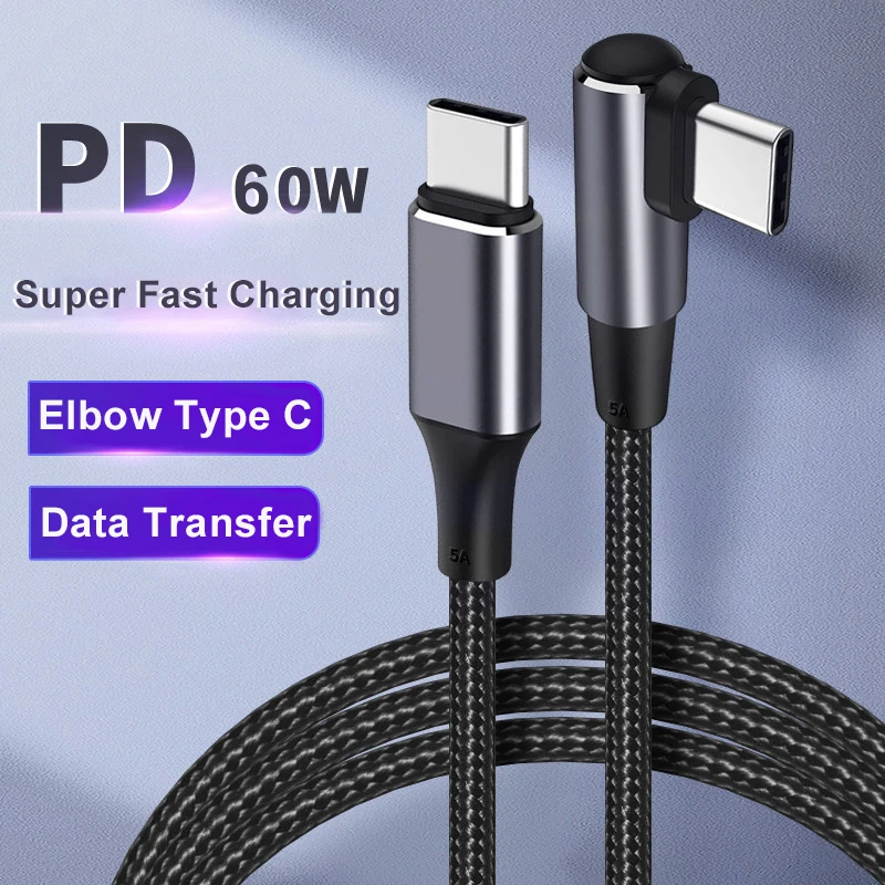 

PD 60W For Samsung USB Type C to Type C 90° Elbow Fast Charging Cable For Galaxy S24 23 iPhone 15 Pro Max Data transmission line
