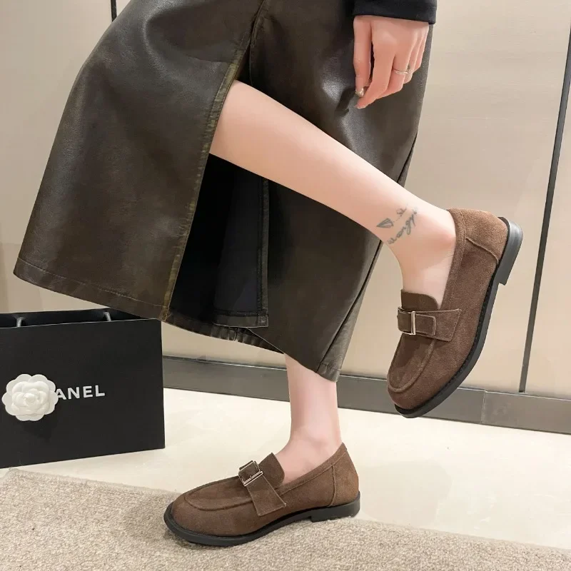 Suede Woman Loafers Belt Buckle Round Toe Vintage Flat Shoes Comfortable Slip on Single Shoes Casual Soft Sole Leather Shoes