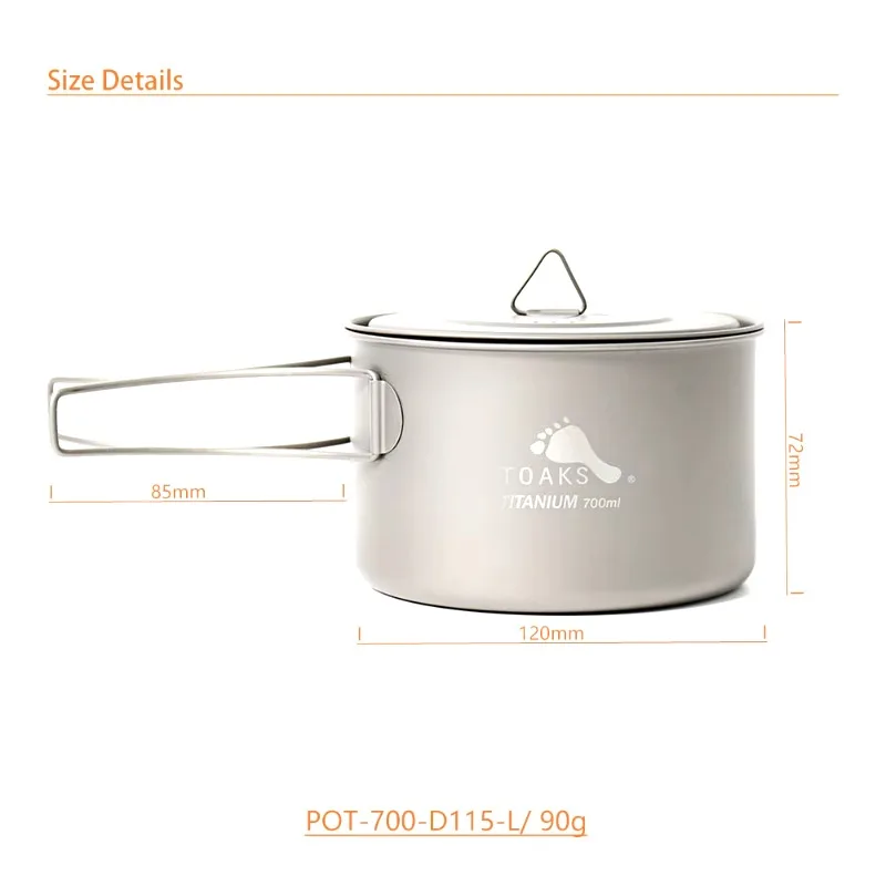 TOAKS Titanium Ultralight 700ml Pot,POT-700-D115-L Camping Cookware Outdoor Equipment Pot Used As a Cup Bowl and Pan 0.03mm 90g