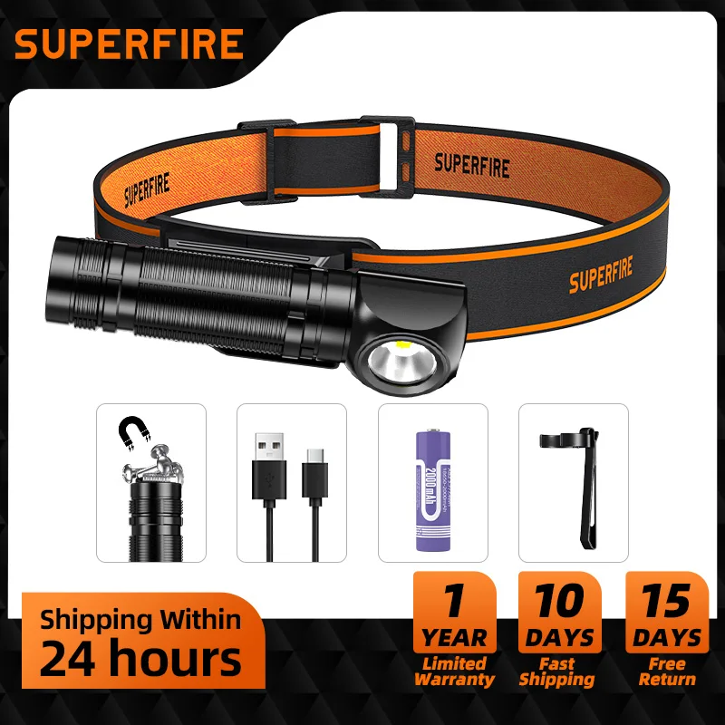 Nuevo SUPERFIRE TH06 LED Headlamp  Type-C Rechargeable Headlight 18650 Angle Flashlight with Power Indicator Magnet Tail lantern