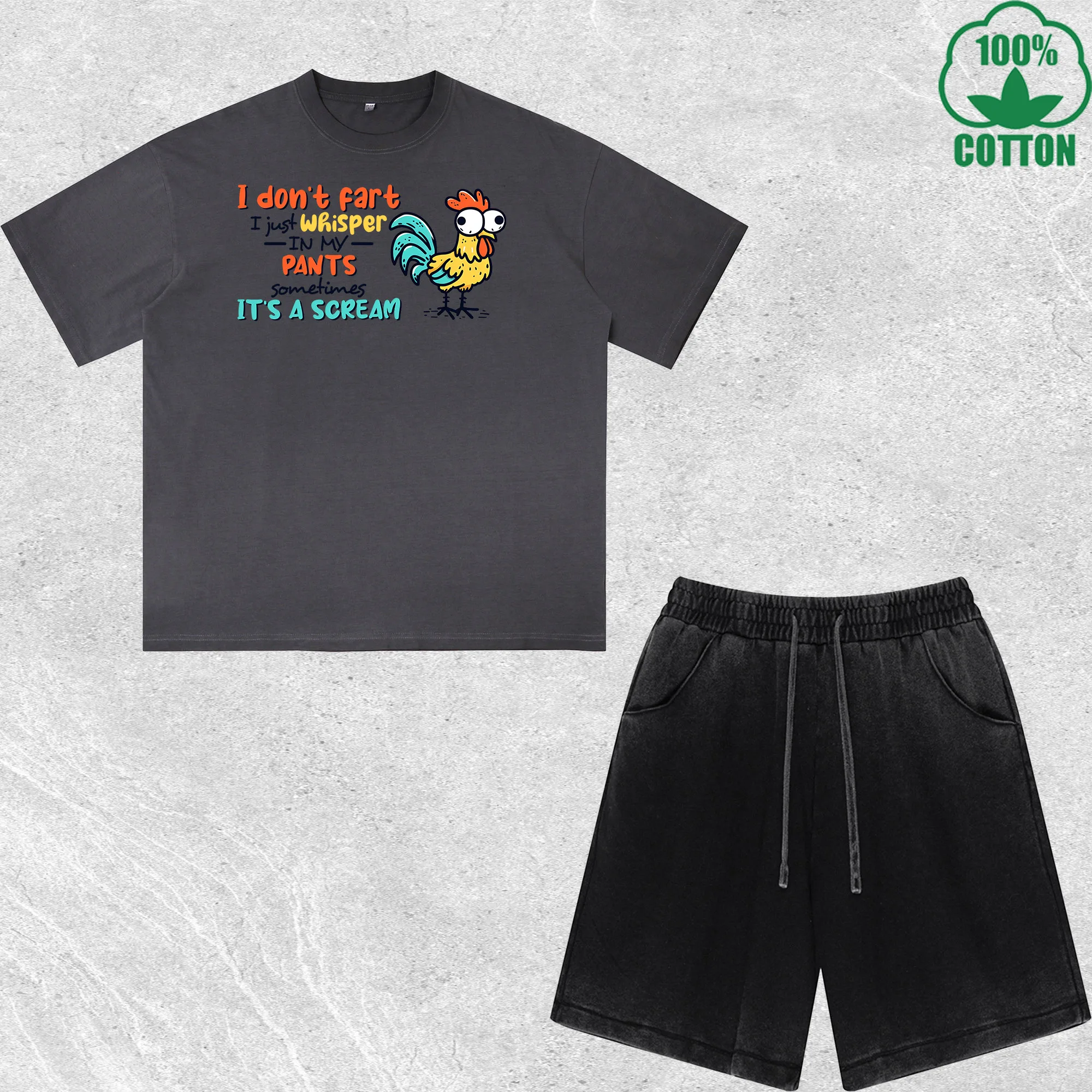

I Don t Fart Printed Dirty Wash T-Shirt Shorts Set Combo Loose Trendy Fashionable 100%Cotton Black Suit