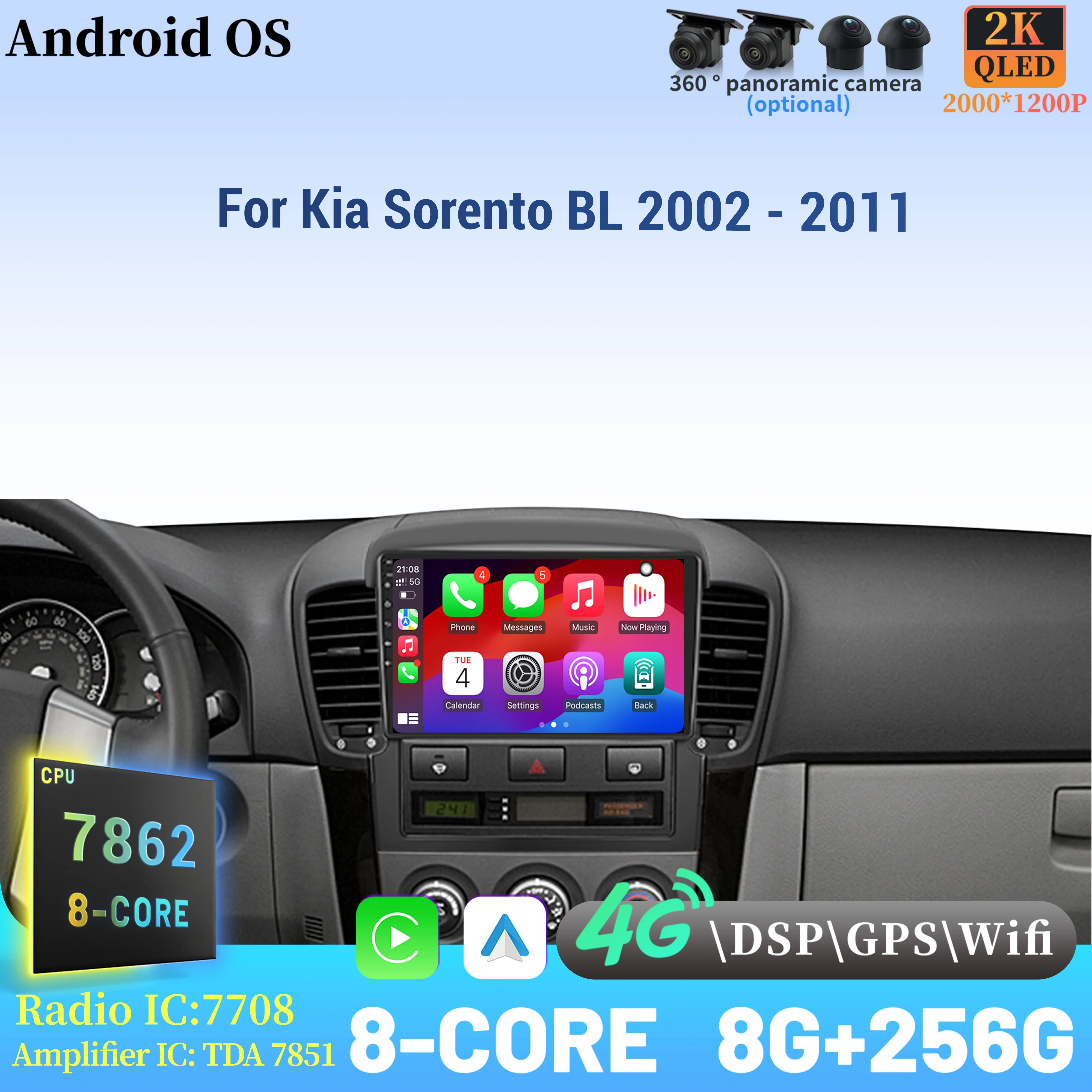 

For Kia Sorento BL 2002 - 2011 Wireless BT CarPlay Android 14 Radio Car Multimedia Player 7862 8+256 radio Touch 2K QLED Screen