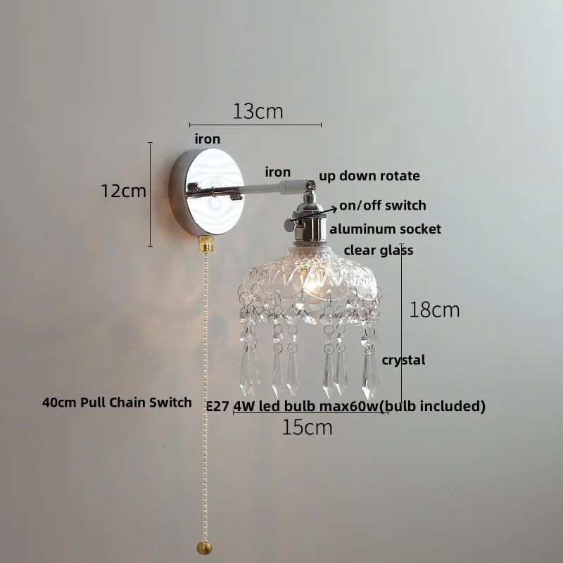 IWHD Iron Rotate LED Wall Light Fixtures Living Room Bedside Lamp Crystal Nordic Modern Pull Chain Switch Clear Glass Wandlamp