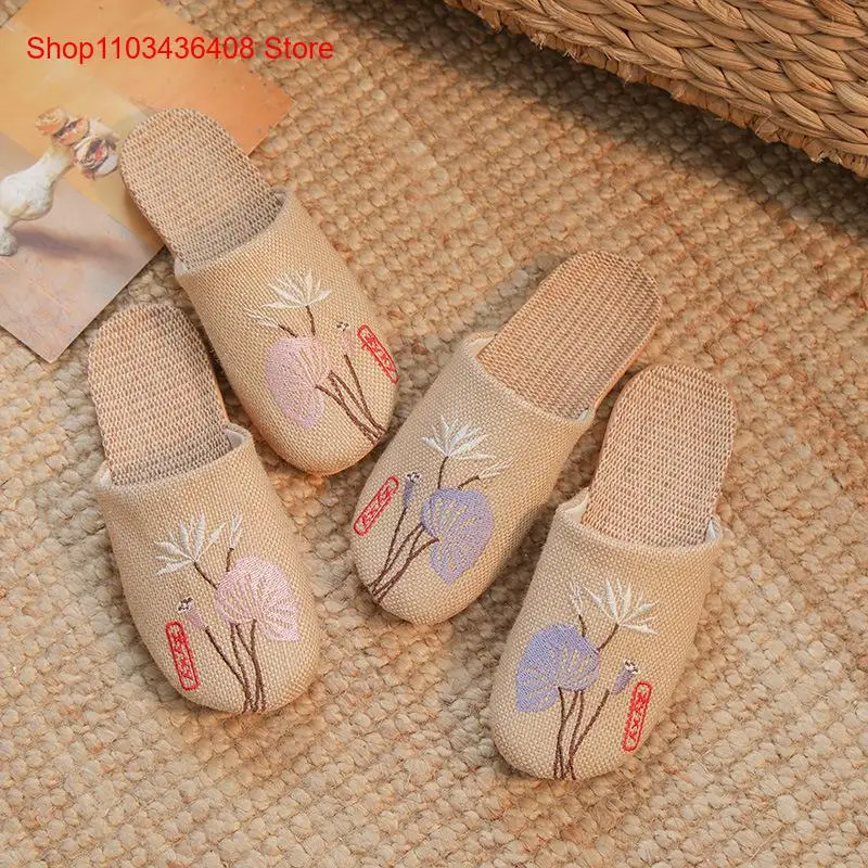 Linen Slippers Men and Women Baotou Cotton Linen Thick Bottom Embroidered Comfortable Couple Sweat Absorbing Floor Home