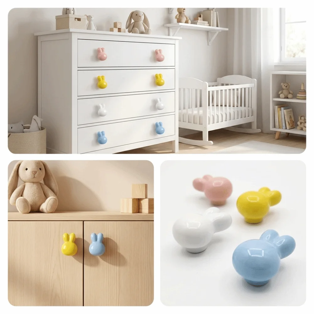 Single Hole Ceramic Drawer Knobs Solid Metal Thread Rounded Soft Edges Rabbit Knobs Smooth Glossy Ceramic Multiple Color Options