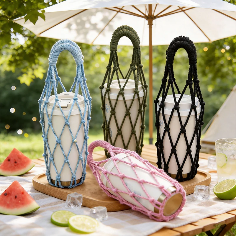 Portable Coffee Cup Bag Handwoven Water Bottle Pouch Outdoor Camping Storage Bags Foldable Beach Woven Net Mugs Umbrella Bags