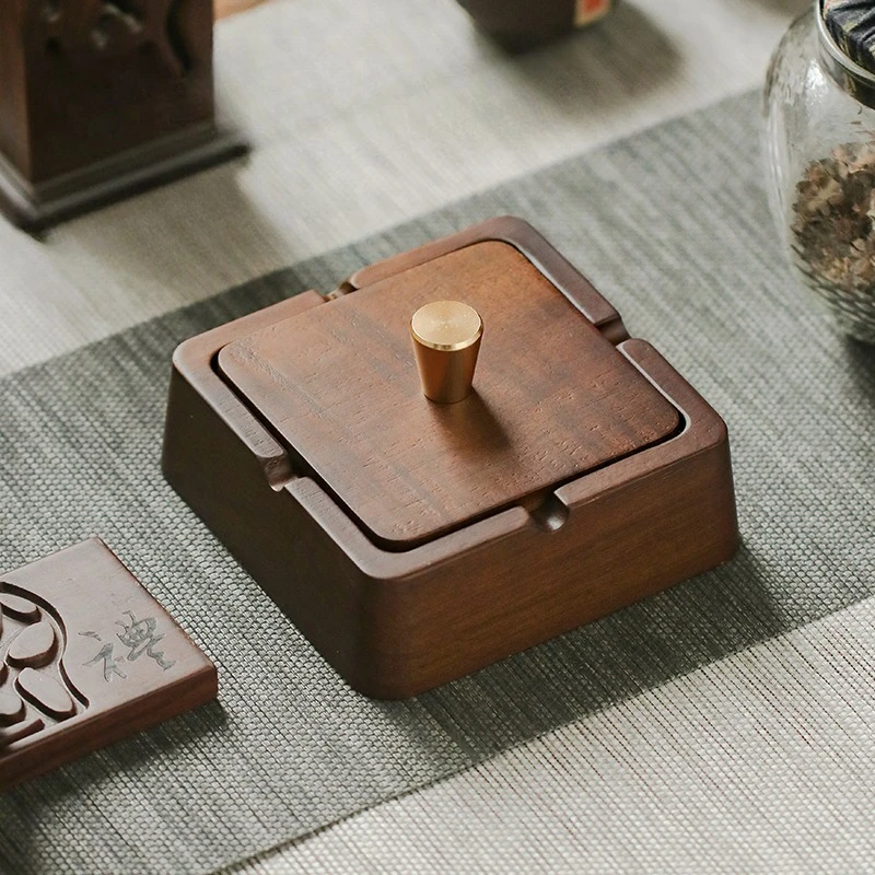 Walnut Wood Ashtrays with Lid Covered Windproof Ashtray Stainless Steel Liner Indoor Outdoor Ash Tray for Home