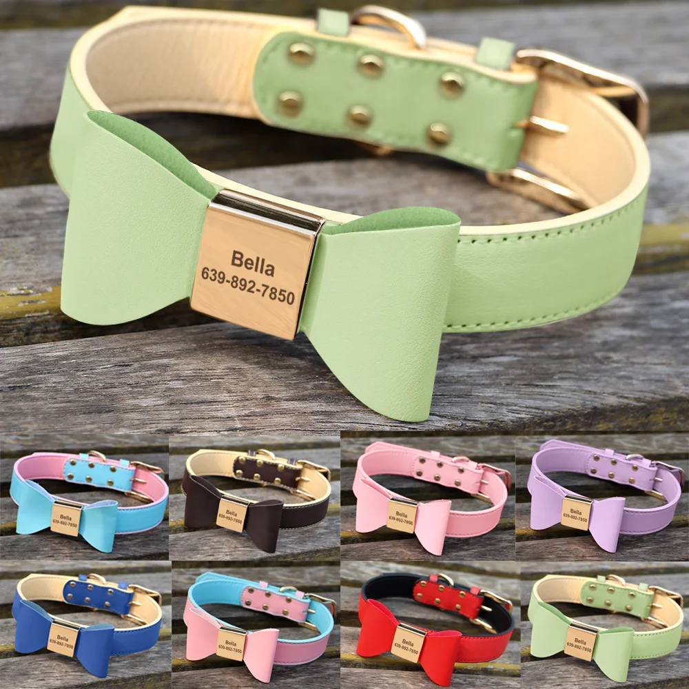 

Custom PU Leather Dog Collar Soft Bowknot Pet Collars 8 Colors Free Engraved Name Puppy Cat Necklace for Small Medium Large Dogs