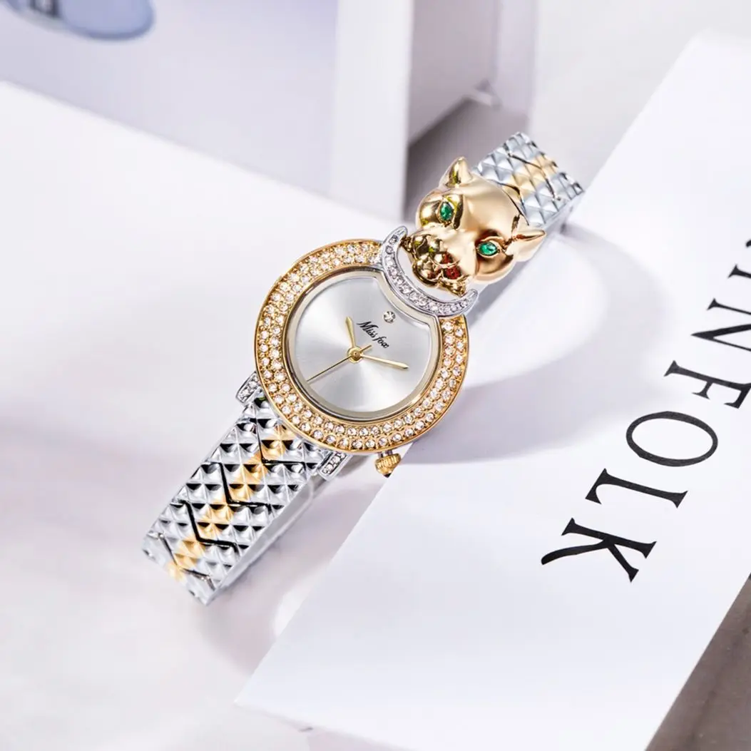 MISSFOX Watch For Women Hip Hop Diamond Bling Waterproof Ladies Quartz Reloj Unique Leopard Stainless Steel Girls Wrist Watches