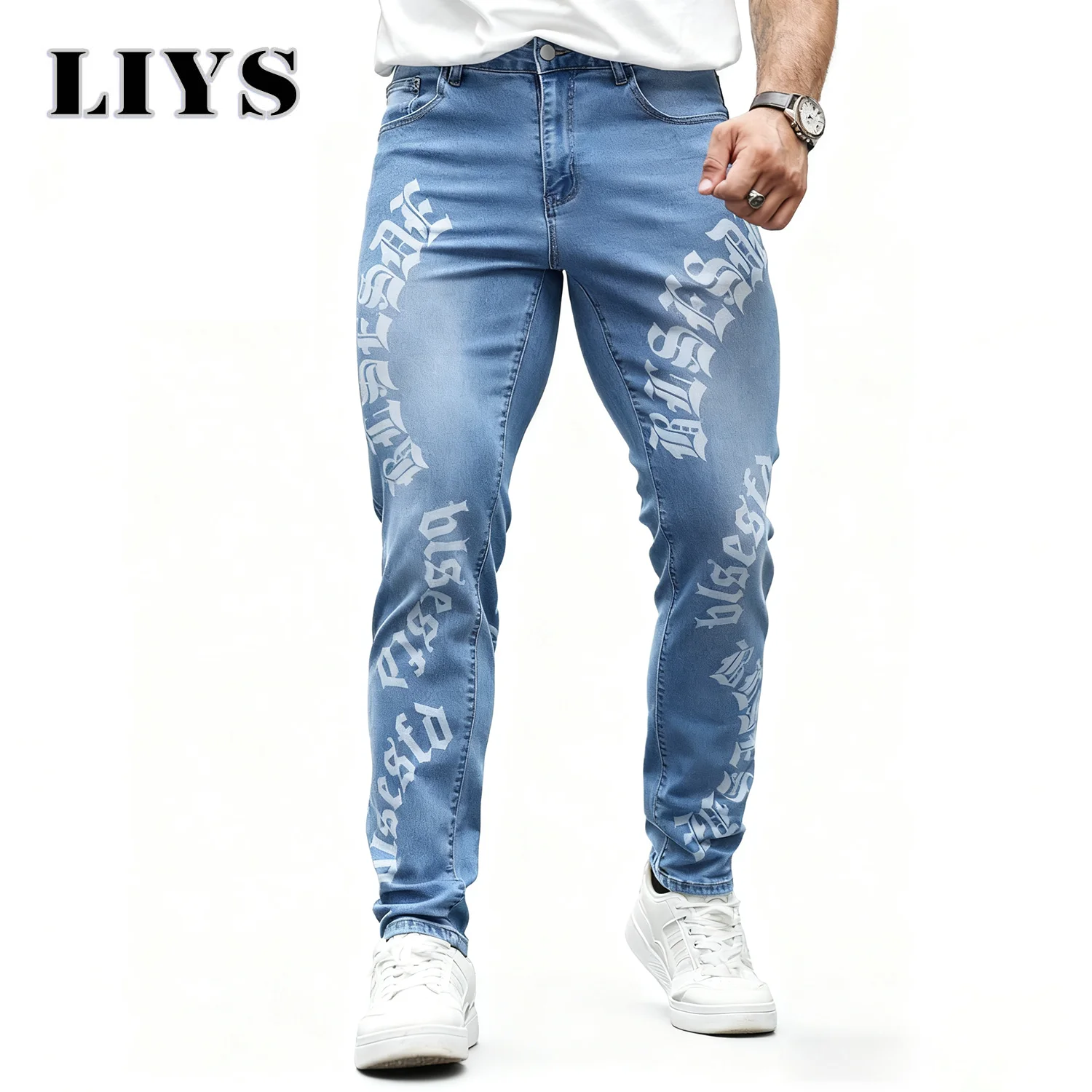 

Осенние мужские облегающие джинсы 2024, конические эластичные джинсы, весенние синие джинсовые брюки, высококачественные однотонные брюки-карандаш с принтом