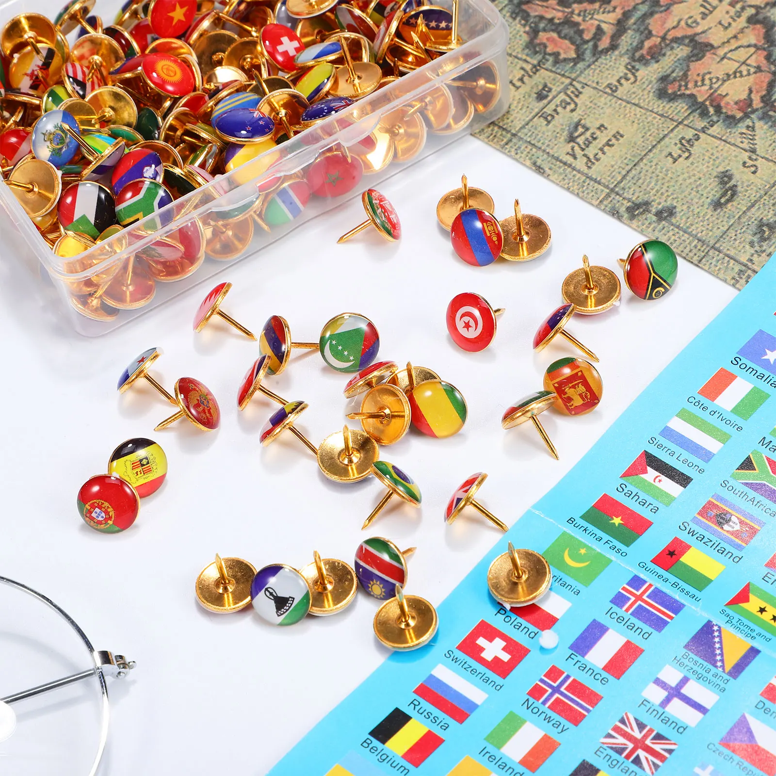 200 PCS National FLAG Pins Thumb Tacks Creative ประเทศแผนที่ PUSH PIN Golden PUSH Pins ตกแต่งวาด Pins ธงดัชนีใหม่