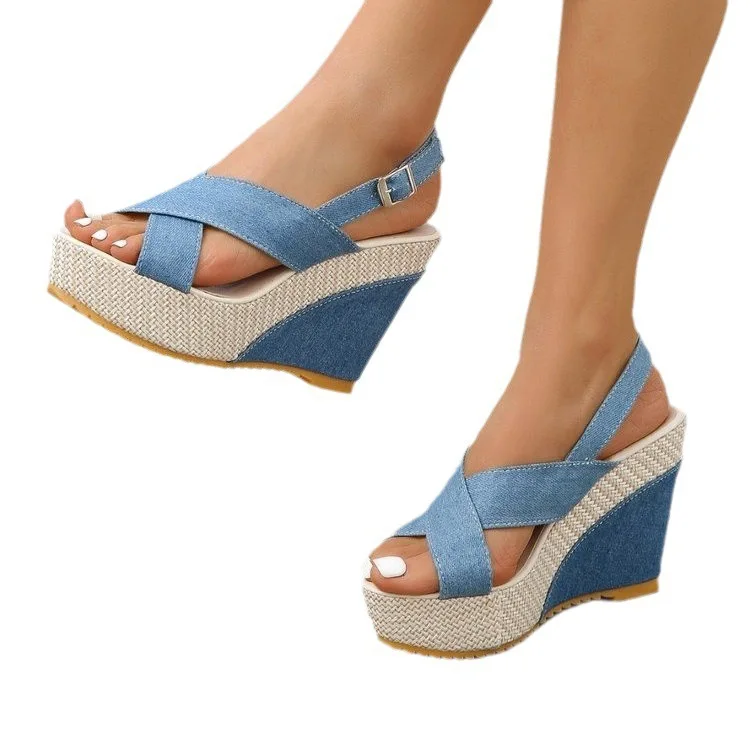 New Womens Heels Wedges Platform Sandals Grass Weave Bohemian Shoes Casual High-Heeled Sandals Green Buckle Sandalia Plataforma