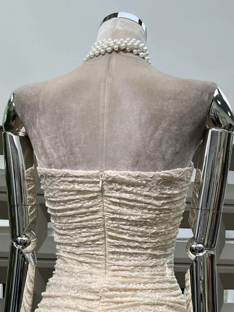 DFDG – Mini robe Bustier froncée et moulante en dentelle pour femmes, tenue de soirée moulante aux hanches, printemps et été 2025