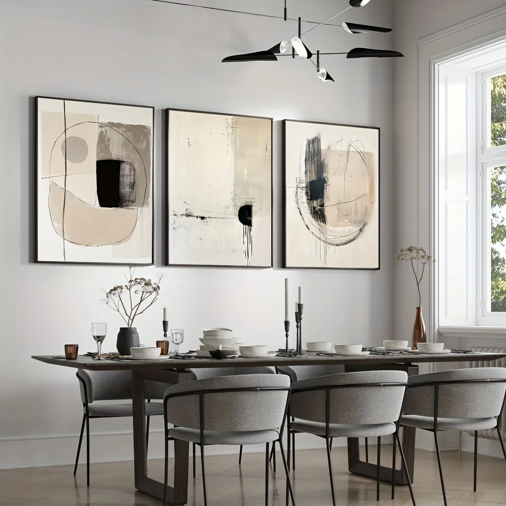 Set of 3 Unframed Black Beige Geometric Abstract Wall Art Poster Canvas Print Modern Maximalist Vintage Japandi Neutral Art V