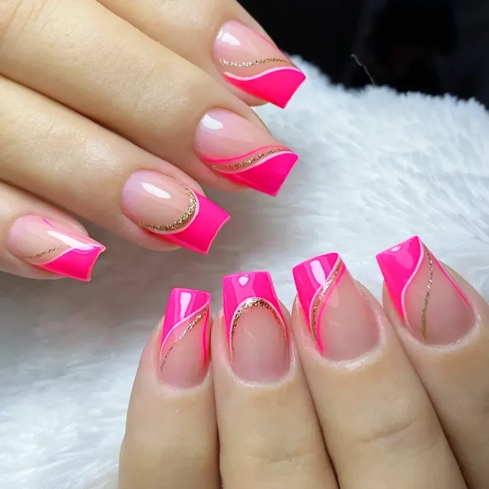 24 piezas de uñas postizas cortas francesas con pegamento, diseño de rayas simples, estilo bailarina 3