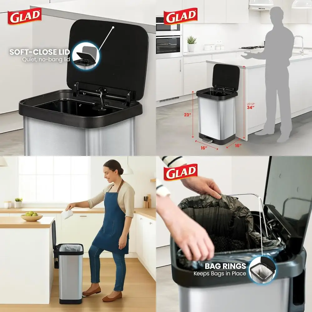 

Large 13 Gallon Stainless Steel Step Trash Can with Odor Protection, Soft Close Lid, and Pedal, Waste Bag Holder