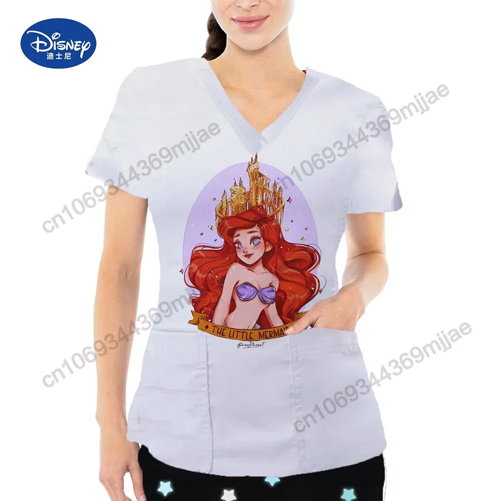 

V-neck Women's Tops Cartoon Pattern T-shirts Fashionable Pocket Female T-shirts