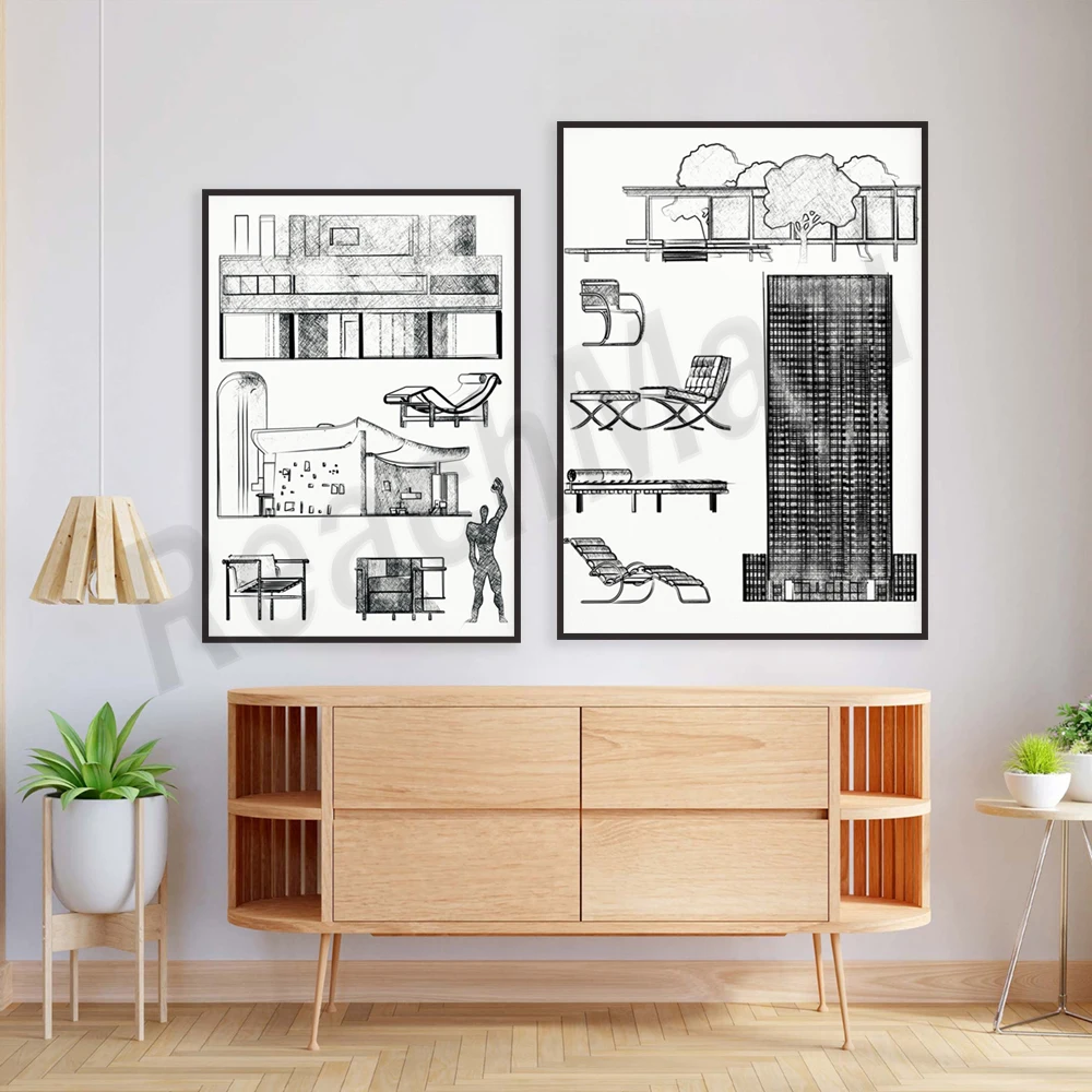 مطبوعات التصميم المعماري Le Corbusier، ملصقات المعرض Louwig Mies van der Rohe، ديكور منزلي بسيط #4