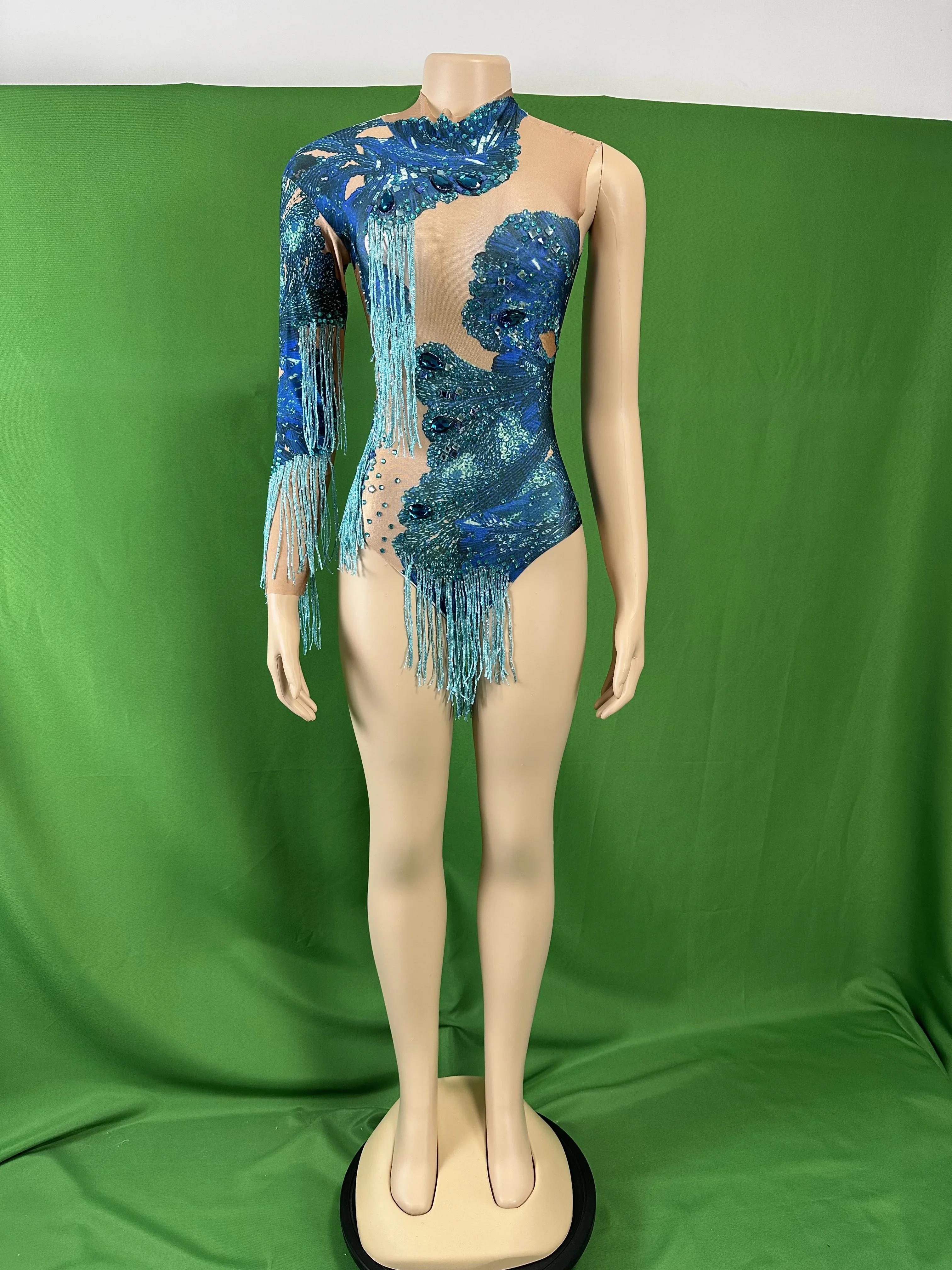 Błyszczące body z dżetami dla kobiet, niebieskie, z jednym ramieniem, z frędzlami, strój na imprezę, do klubu nocnego, na Walentynki, dla drag queen.