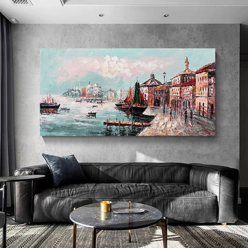 OQ 100% Handmade Oil Painting On Canvas Abstract Port Of Call Landscape Picture Wall Art Living Room Home Decoration Unframed