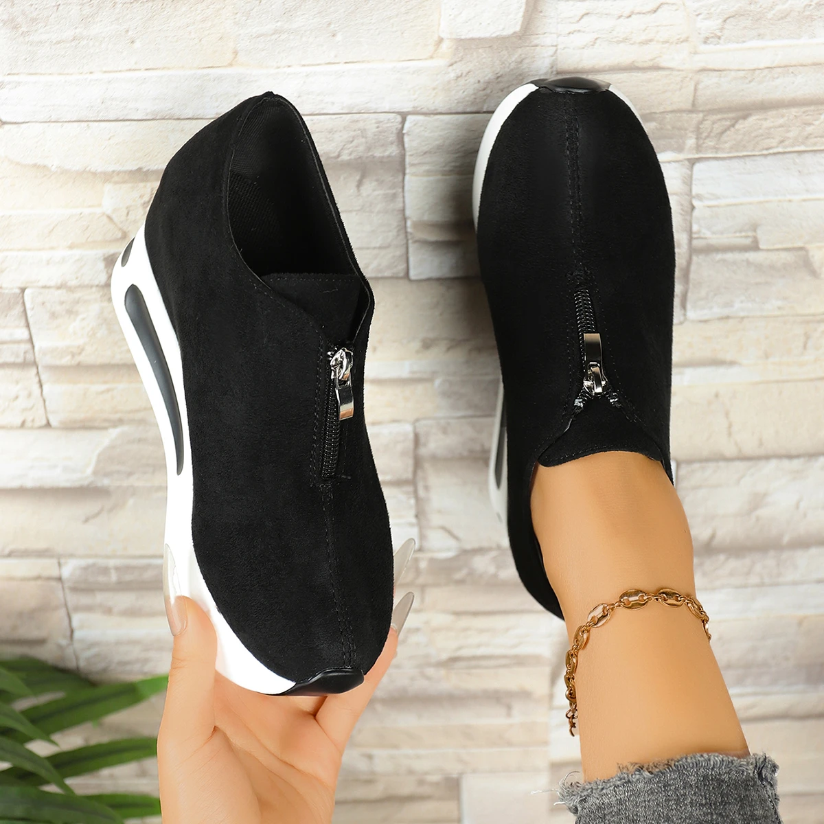 Damen-Sneaker mit Frontreißverschluss und verstecktem Keilabsatz, Wildleder-Plattform, höhenvergrößernde Freizeitschuhe, Damen-Slipper mit dicker Sohle zum Gehen. – Detail 2