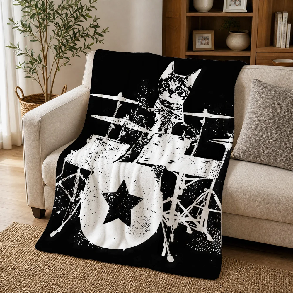 Cool Cat Rock Star Drummer Throw Blanket Funny Pet Music Lover Gift Cozy Couch Decor