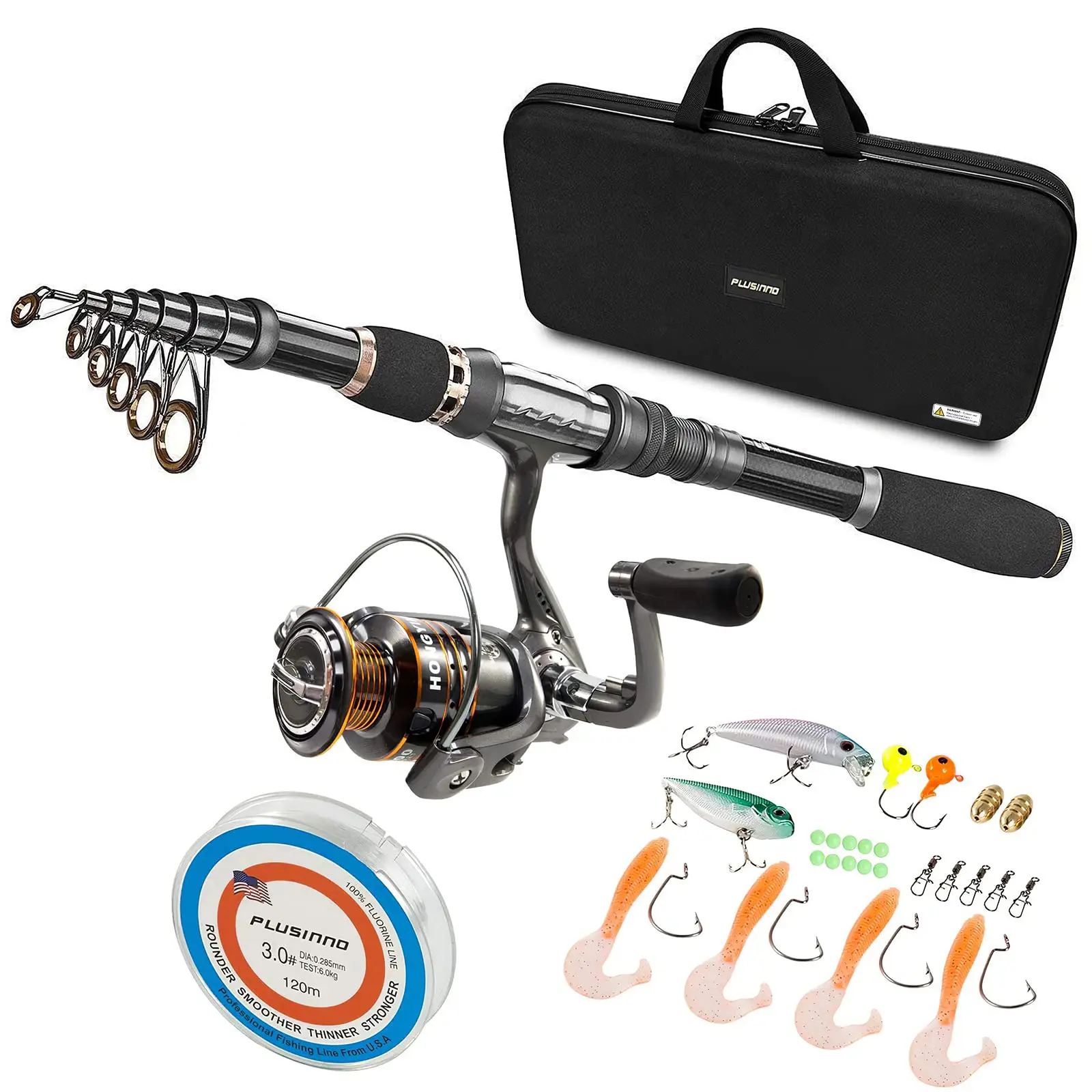 PLUSINNO Ⅱ Telescopic Fishing Rod and Reel Combos Full Kit,12 +1 Shielded Bearings Stainless Steel BB Spinning Reel