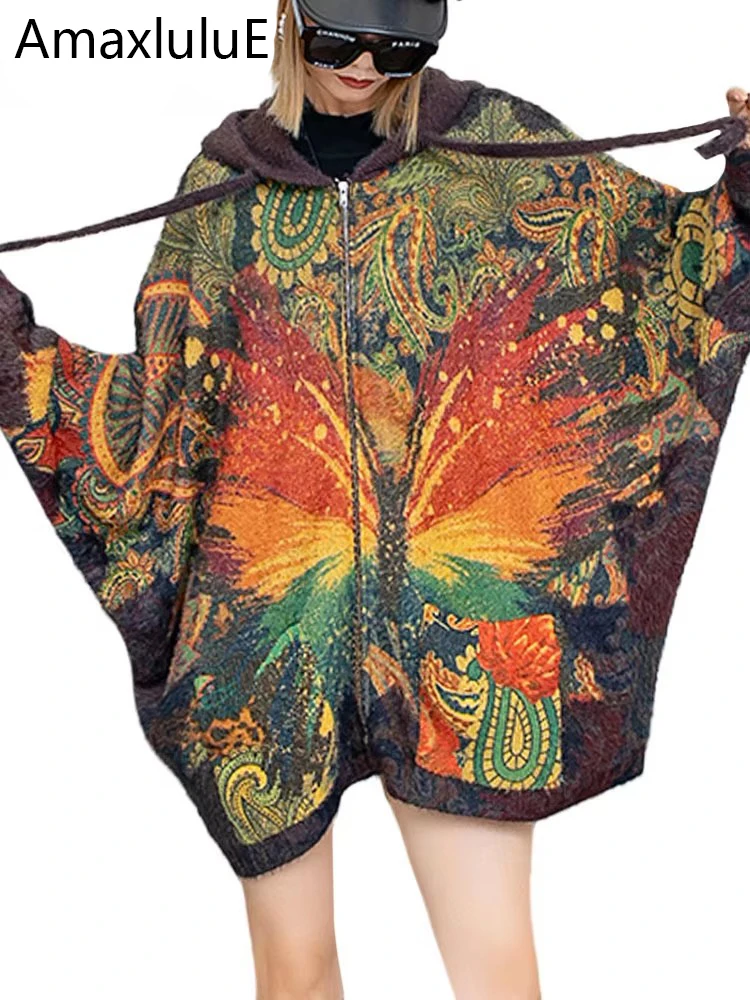 

Amax luluE 2024 Winter Knitted Clothes Women Printed Loose Casual Luxury Warm Sweaters Ladies Fashion Hooded Oversized Cardigans