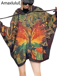 Amax luluE 2024 Winter Knitted Clothes Women Printed Loose Casual Luxury Warm Sweaters Ladies Fashion Hooded Oversized Cardigans
