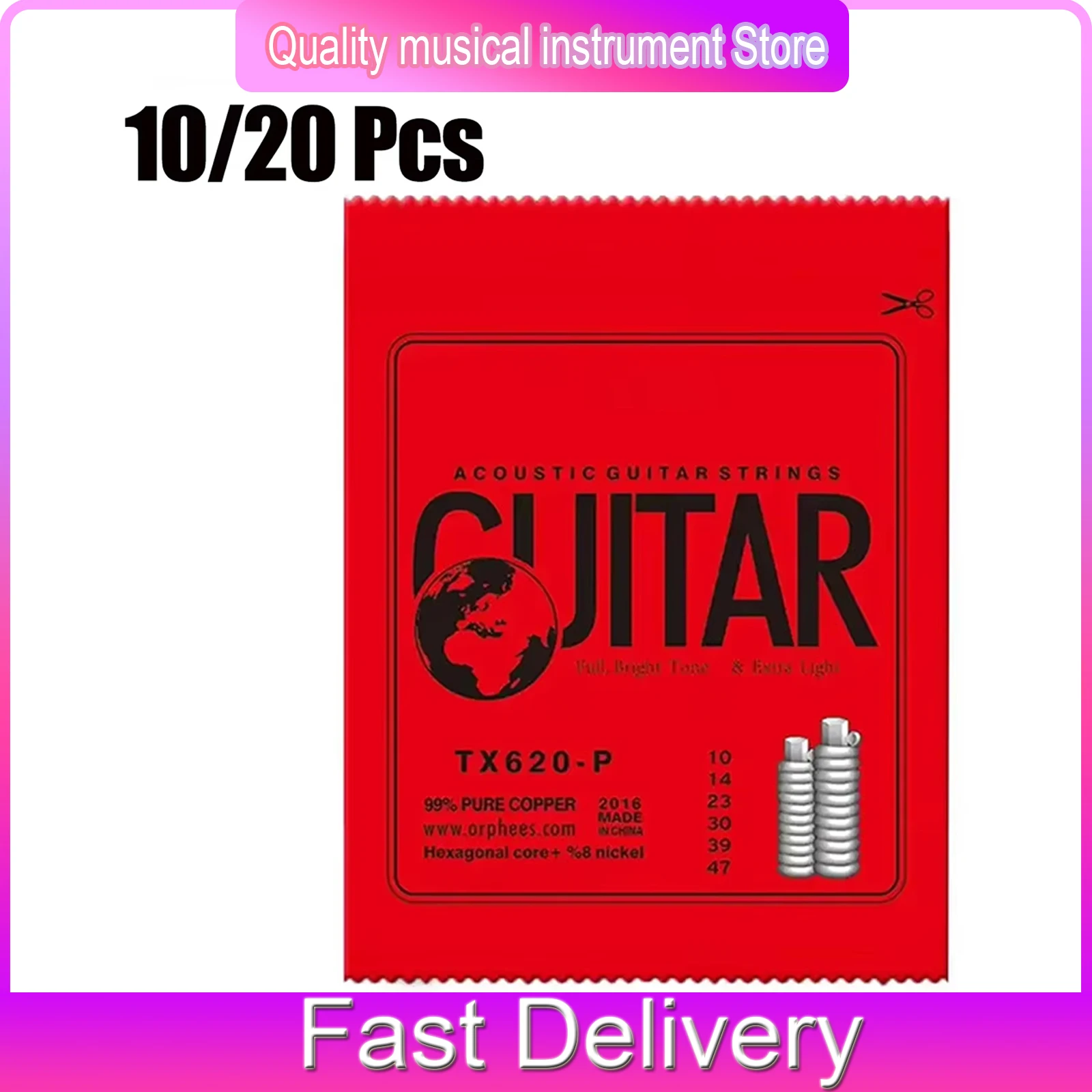 Cuerdas para guitarra acústica Orphee TX620-P, núcleo hexagonal de acero al carbono medio, cuerda enrollada de cobre rojo, accesorios para guitarra