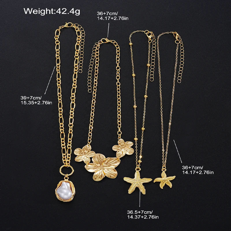 New Flower Starfish Imitation Pearl Pendant Necklaces for Women Fashion Gold Color Multilayer Necklaces Sets Party Jewelry Gifts image 6