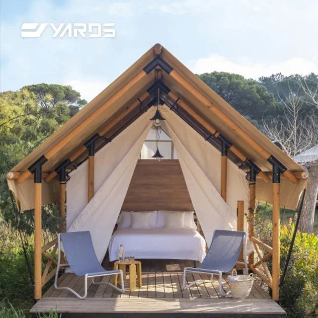 Outdoor Luxury Hotel Living Resort Custom Homes Wood Canvas Lodge Glamping Hut With Bathroom Safari Lodge Tents