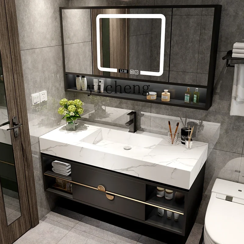 

bathroom washstand light luxury smart hand and face washbasin cabinet rock slab integrated basin bathroom cabinet