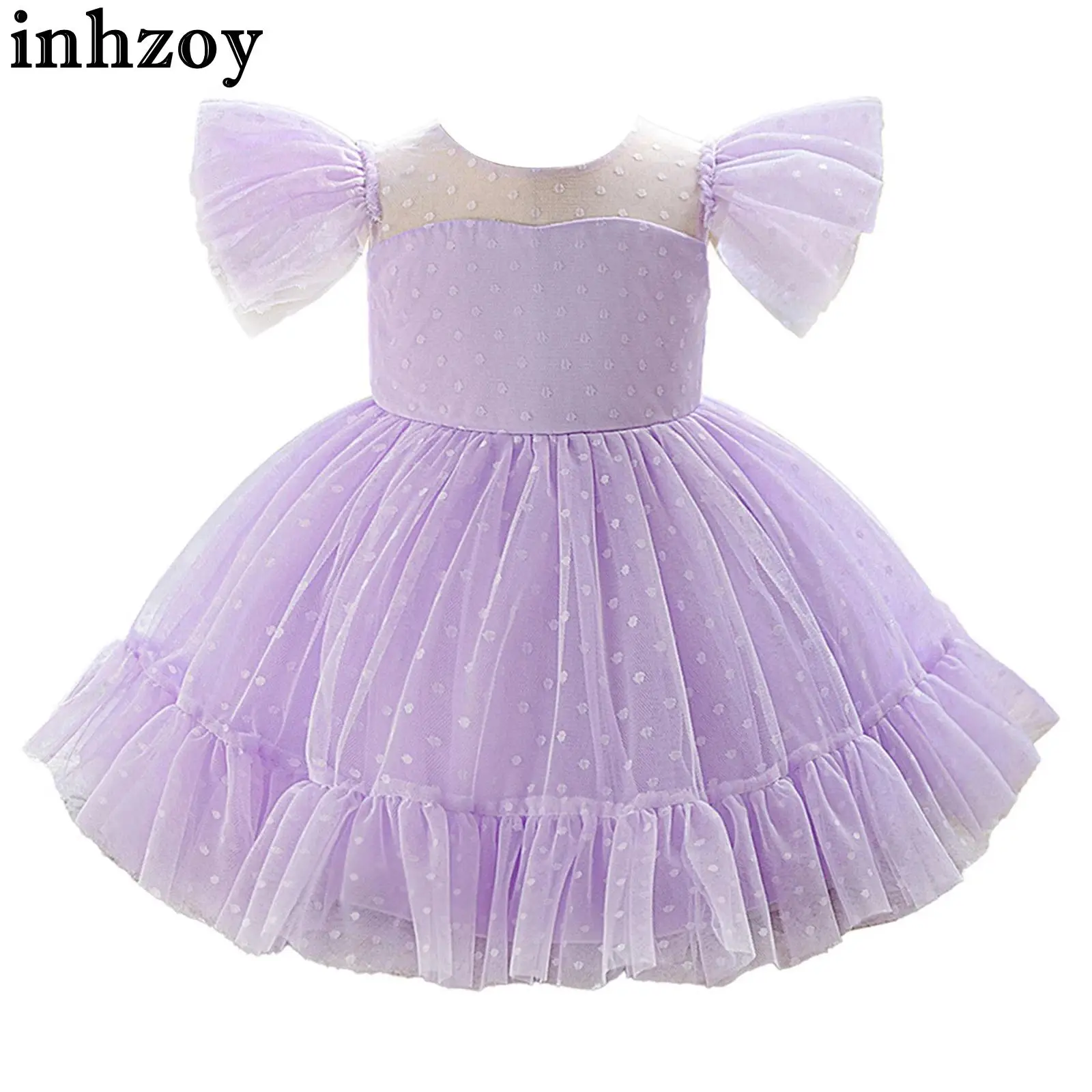 فستان الأميرة للفتيات الصغيرات بأكمام طويلة منقط شبكي من التول لحفلات أعياد الميلاد وحفلات الزفاف وحفلات التخرج والتصوير الفوتوغرافي