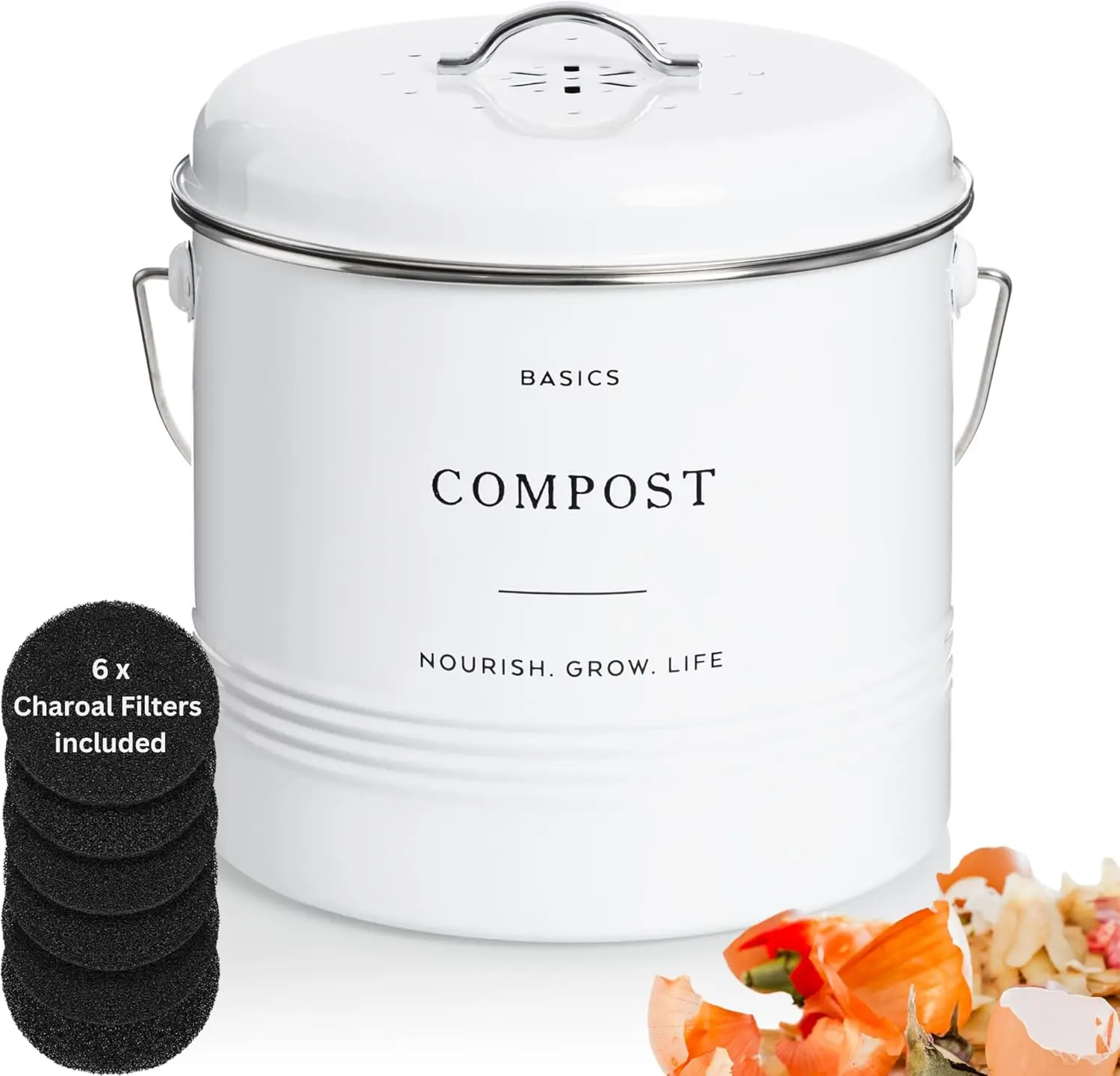 

1.3 Gallon Countertop Compost Bin with Lid - Odorless Indoor Food Scrap Pail, Eco-Friendly and Easy to Clean in White