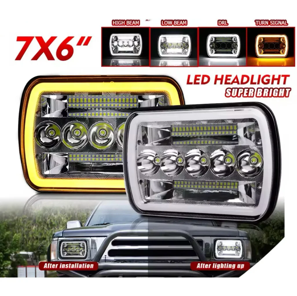 

HL 5x7 Inch LED Headlights Spot Flood Combo Beam LED Headlights Amber/White DRL Turn Signal Rectangular Headlamp for Offroad Car