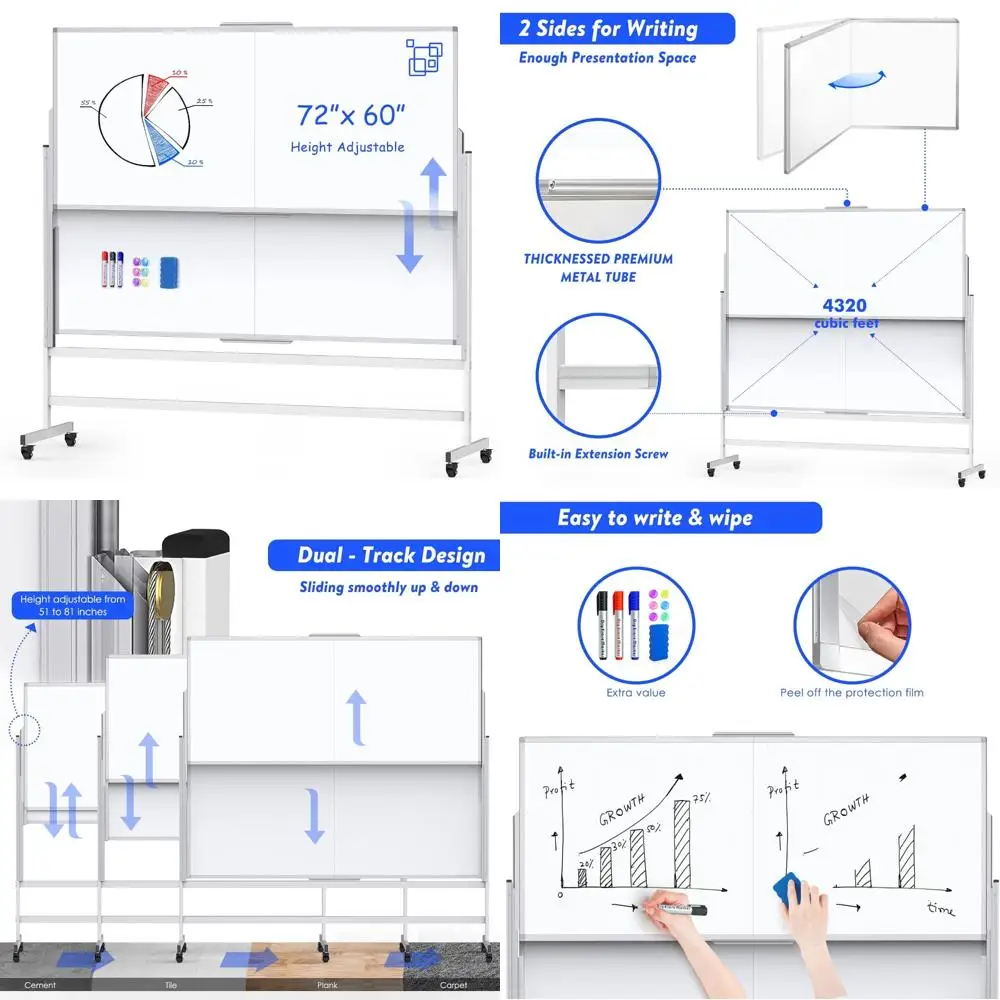 

Dry Erase Whiteboard Height Adjustable, 72x60 inches Large Standing Easel White Board on Wheels, Mobile Magnetic Rolling White B