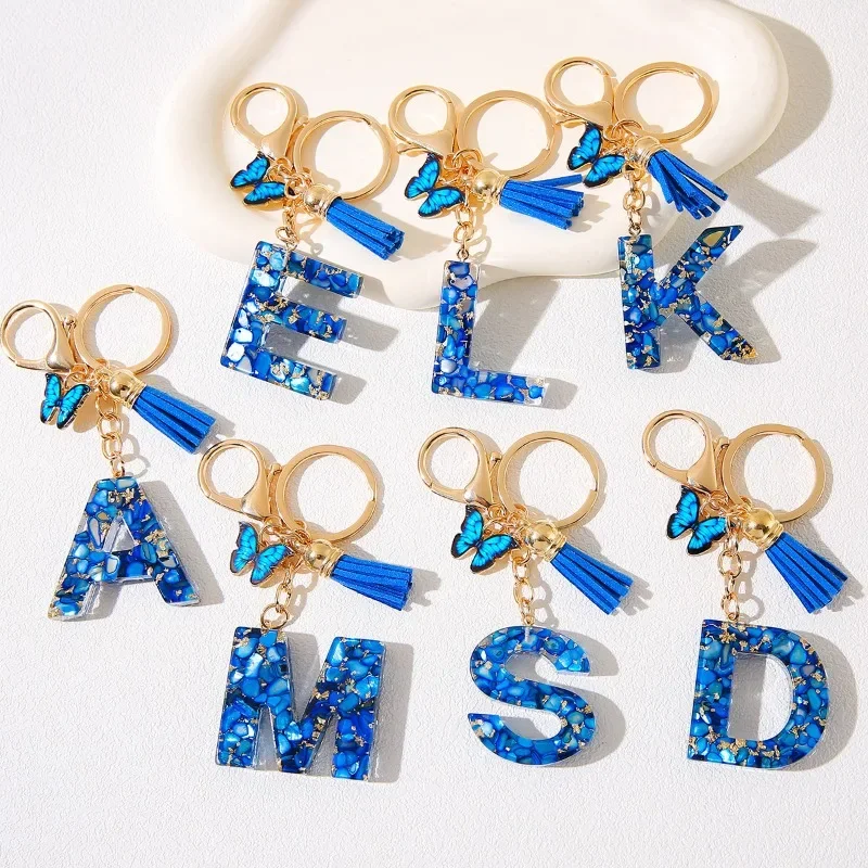 Fashion Blue Glazed Stone A To M Letter Keychain Initials Alphabet Butterfly Tassel Pendant Car Keyring Women GIft Accessories