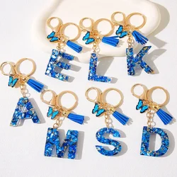 Fashion Blue Glazed Stone A To M Letter Keychain Initials Alphabet Butterfly Tassel Pendant Car Keyring Women GIft Accessories