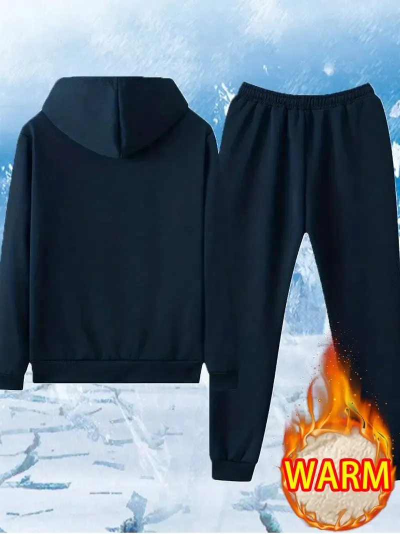 Мужской классический спортивный костюм в стиле ретро, толстовка с капюшоном на молнии на флисовой подкладке и спортивные штаны, тепло для фитнеса на открытом воздухе, толстая зима