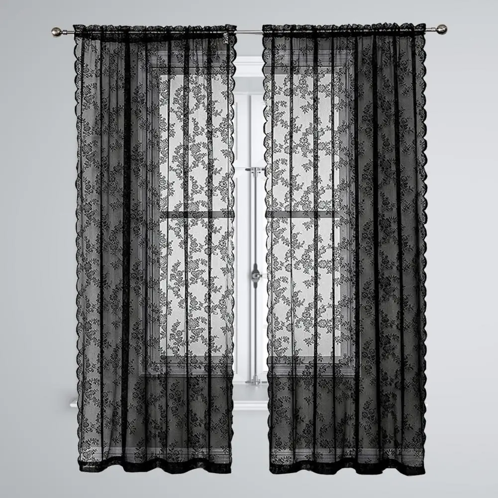 1 Pc Lace Curtain Good Air Permeability Sunscreen Dustproof Washable Decorative Floral Patterned Black Sheer Curtain Home Supply