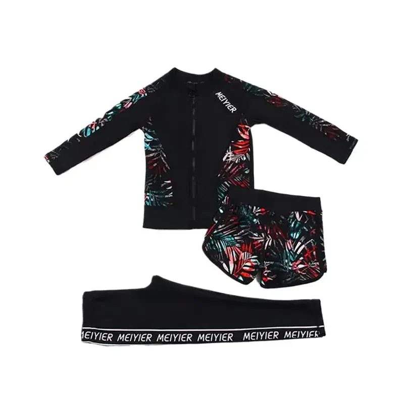 2024 Teenager Swimming Clothing Three Piece Sets Children\'s Swimsuit Boys Girls Summer New Long Sleeves Korean Swimwear Printed