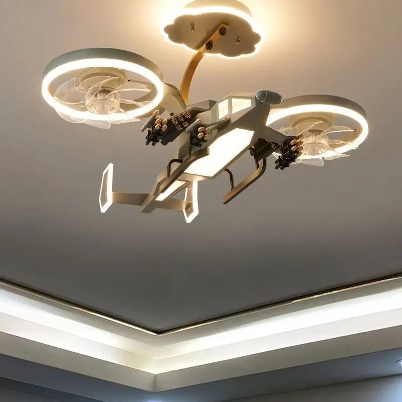 Aircraft Fan Light Children's Room Boy Bedroom Chandelier Creative Combat Helicopter Model Room Lighting