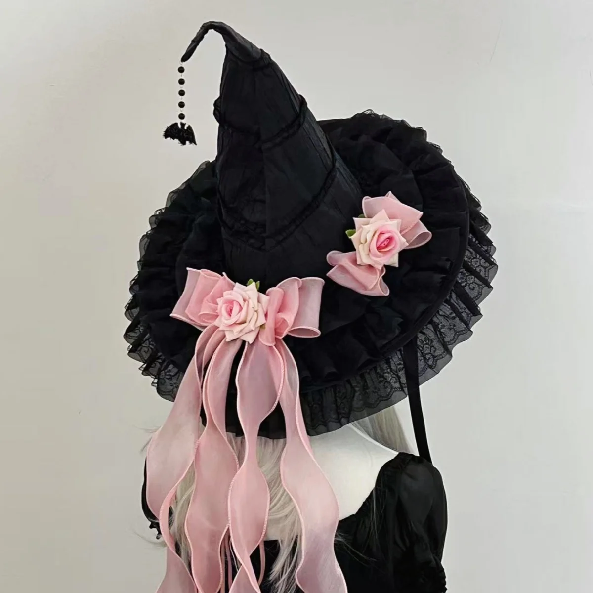 ハロウィン魔女帽子ロリータプリンセスレディースサンハット原宿女性女の子ゴシック手作りビッグボウノットバットフリースレース大人用帽子