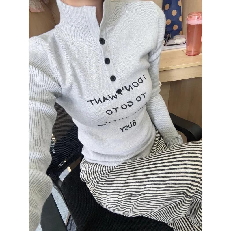 

Y2K Grey Sweater Women Semi High Neck Long Sleeve Wool Inner Slim Fit Base Top Autumn Winter