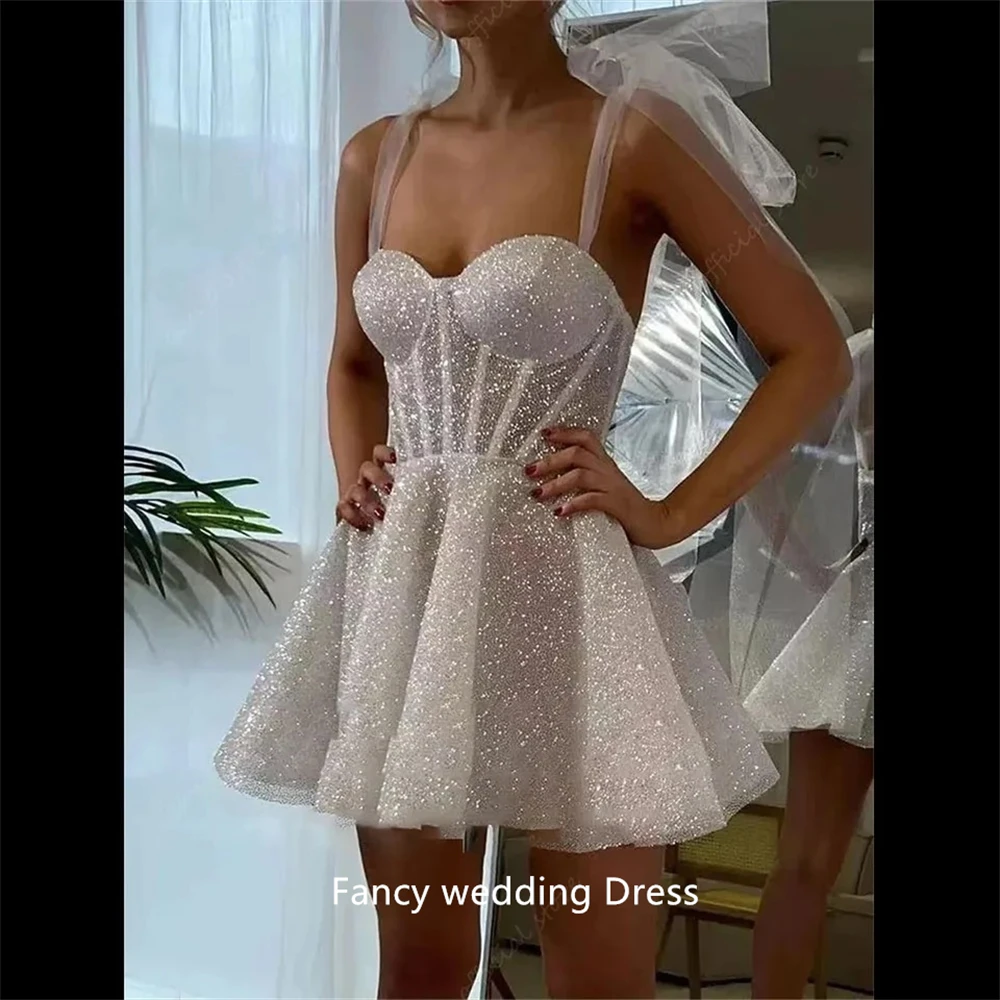 Fancy Glitter Wedding Dresses A Line Bow Straps Dress Women Elegant Luxury Sparkle Sweetheart Birthday Dresses customized