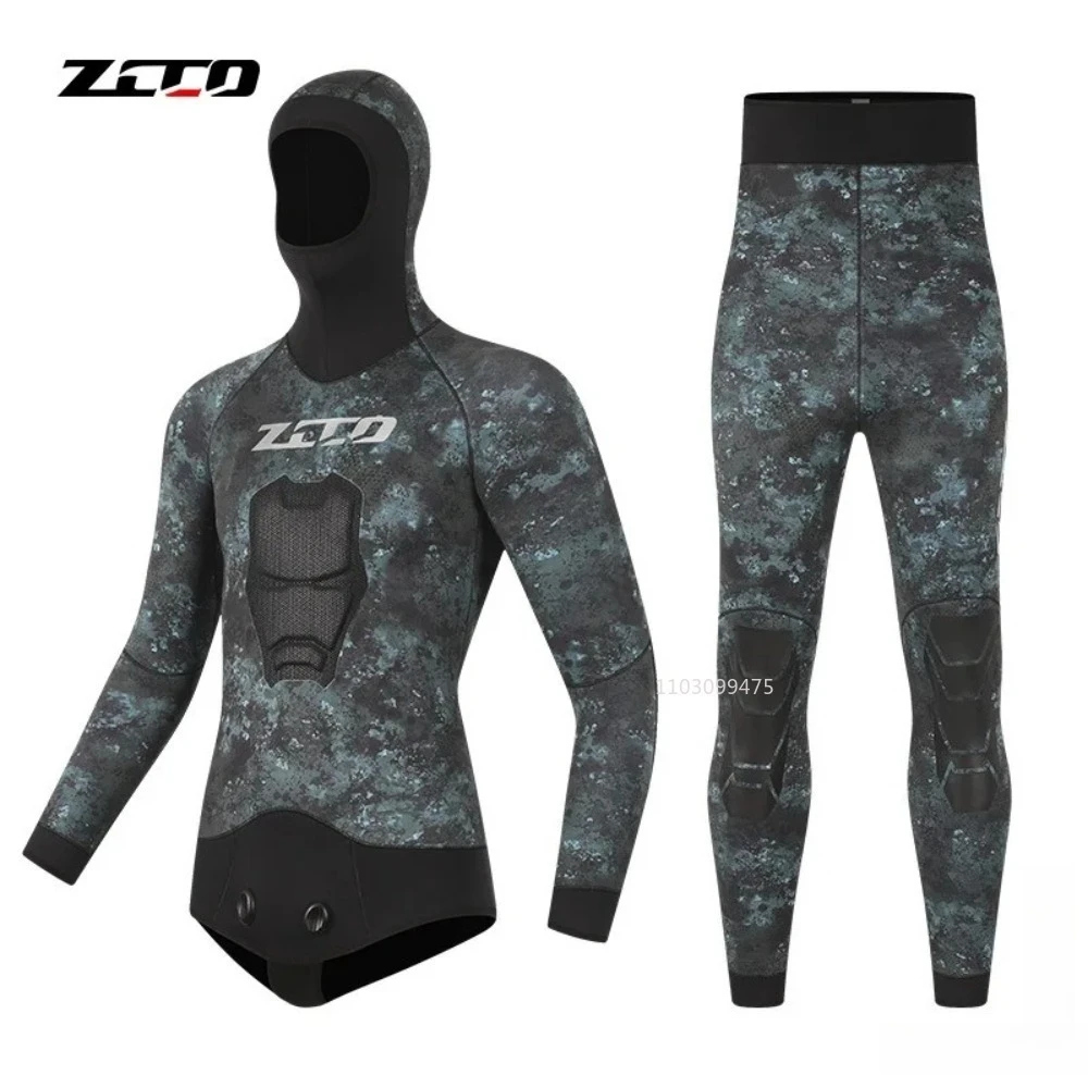 ZCCO 5mm Wetsuit Men Spearfishing Premium Camouflage Neoprene Wetsuit Pant Top Surf Suits Scuba Diving Suit Hoodie Snorkel Suits