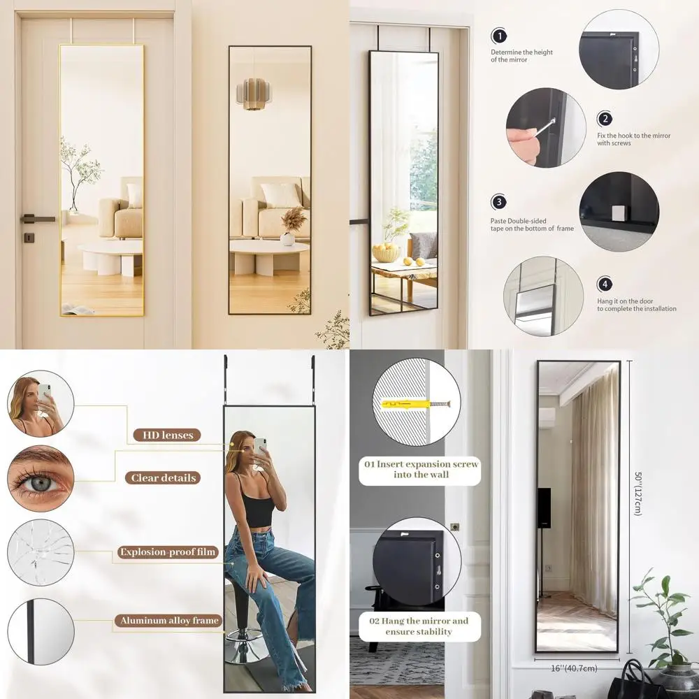 

16 x 50 Height-Adjustable Door Mirror with Tempered Glass for Home and Dorm Use