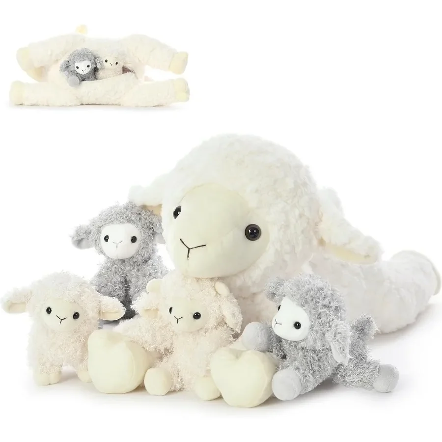 

5 шт., набор чучел ягненка с застежкой-молнией на животе, 20-дюймовая плюшевая игрушка-овца в мягком белом и сером цвете для девочек и мальчиков, милая мягкая игрушка Ani