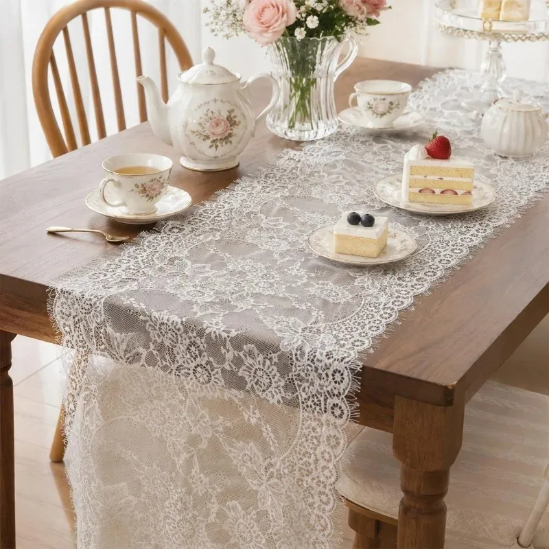 White Polyester Lace Table Runner Vintage Embroidered Hollow Out Cloth for Dining Table Coffee Sideboard Wedding Party HomeDecor